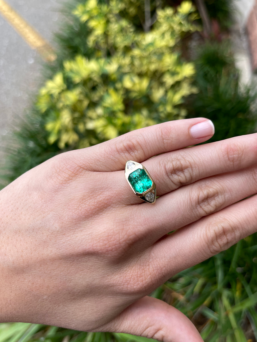 4.62tcw AAA Grade 3 Stone Emerald Cut Colombian Emerald & VVS Pear Cut Diamond Gypsy Ring Yellow Gold 18k gift