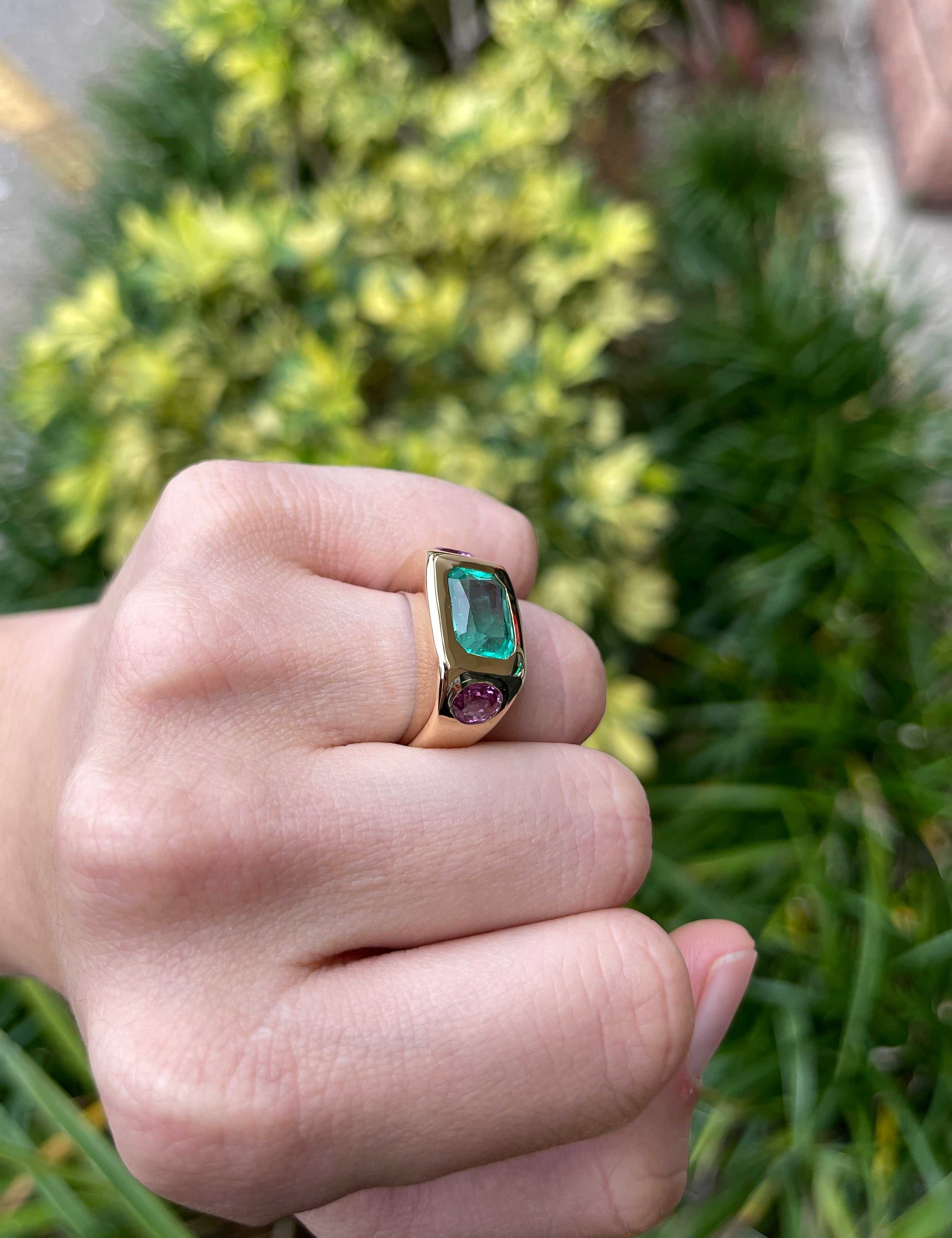 5.52tcw 18K Three Stone Emerald & Oval Pink Sapphire Gypsy Ring - JR Colombian Emeralds