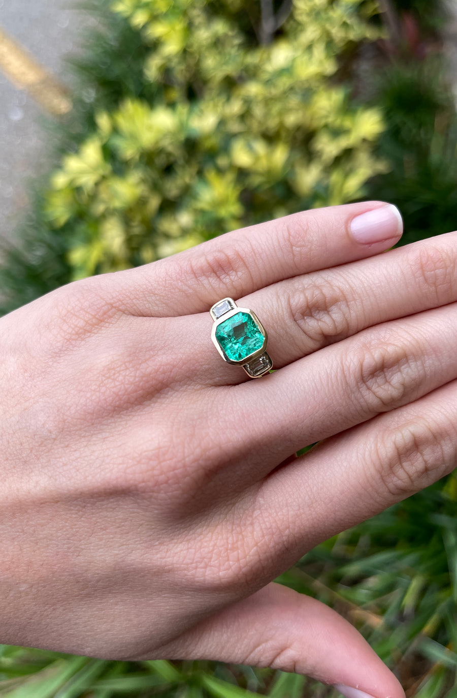 Bezel Set 4.28tcw 3 Stone Asscher Cut Emerald & Emerald Cut Diamond Ring 18K gift