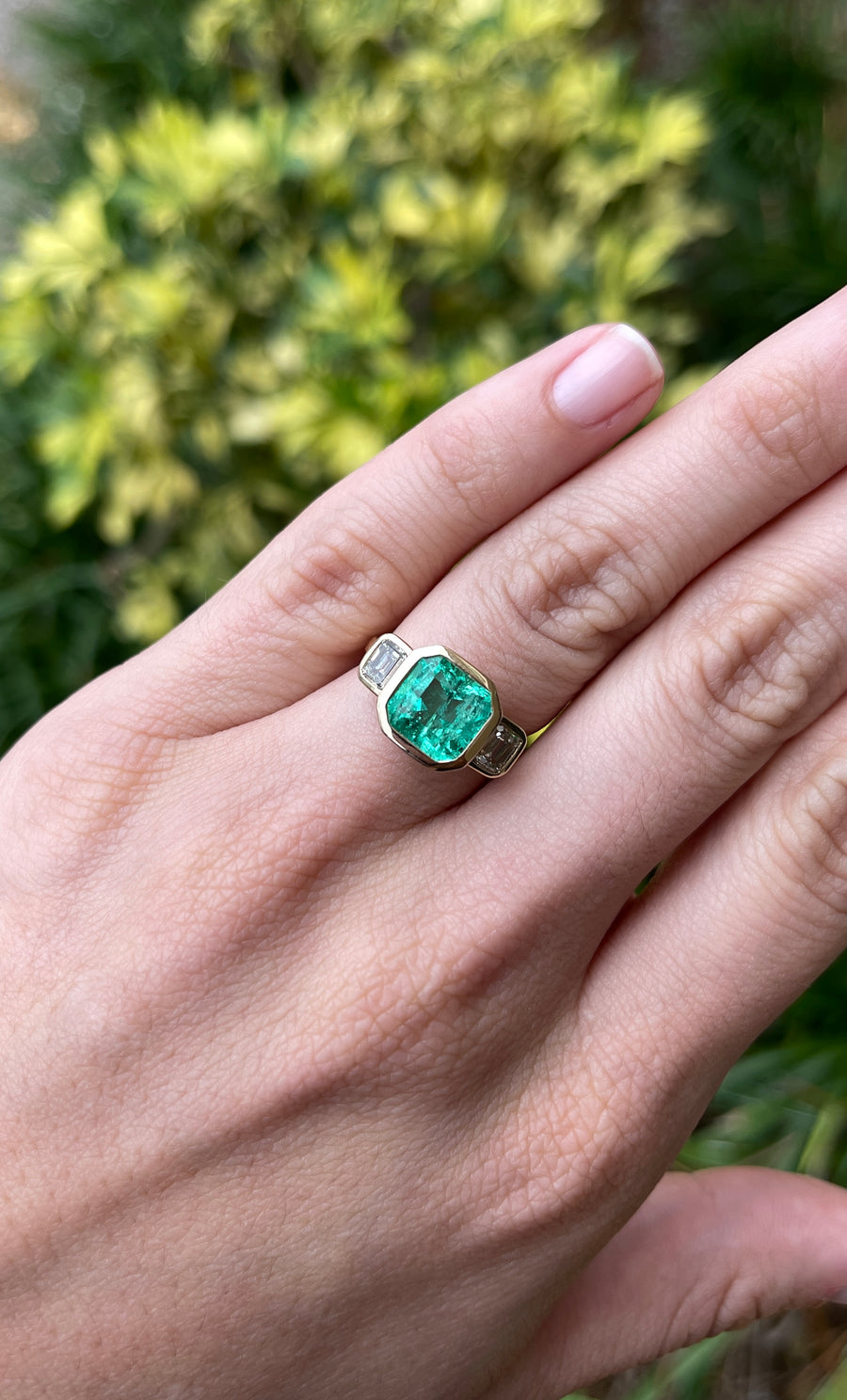 4.28tcw Bezel Set Three Stone Asscher Cut Emerald & Emerald Cut Diamond Ring 14K