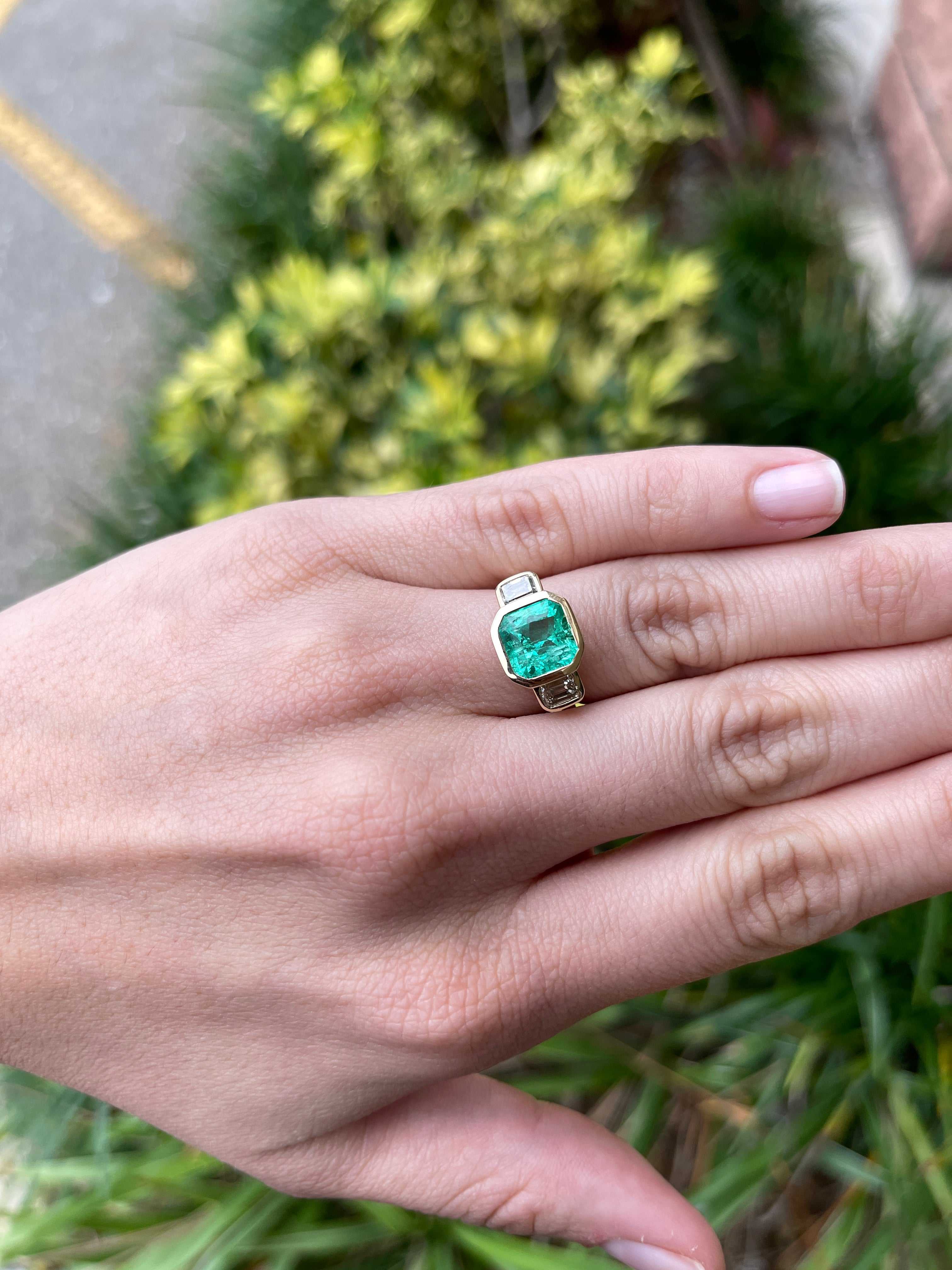 7.00 MM Asscher Cut orders Ring, Colombian Emerald Ring, Three Stone Ring, 925 Sterling Silver Ring, Wedding Ring, 14K White Gold Ring, Gift Ring