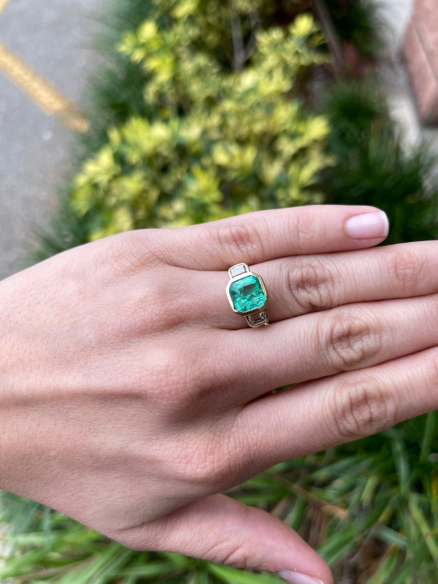 Bezel 4.28tcw 3 Stone Asscher Green Emerald & Emerald Cut Diamond Ring 18K gift present