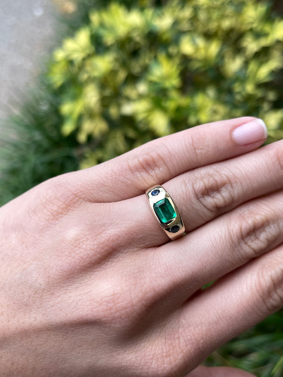 3 Stone 1.55TCW Emerald cut Emerald & Blue Round Sapphire 14K Ring