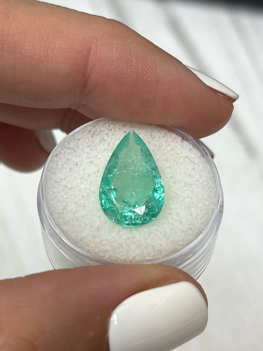 4.22 Carat Light Bluish Green Pear Cut Colombian Emerald - Authentic Loose Gem