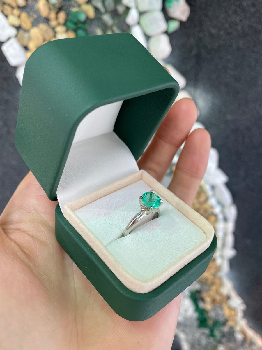 2.24cts Rich Sea Colombian Emerald Round Solitaire Classic Engagement Ring 14K