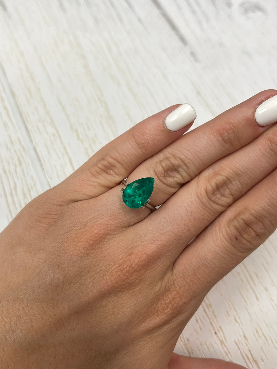 Unique Pear Cut Colombian Emerald, 5.18 Carats, 14.5x9 Dimensions, Natural Speckling