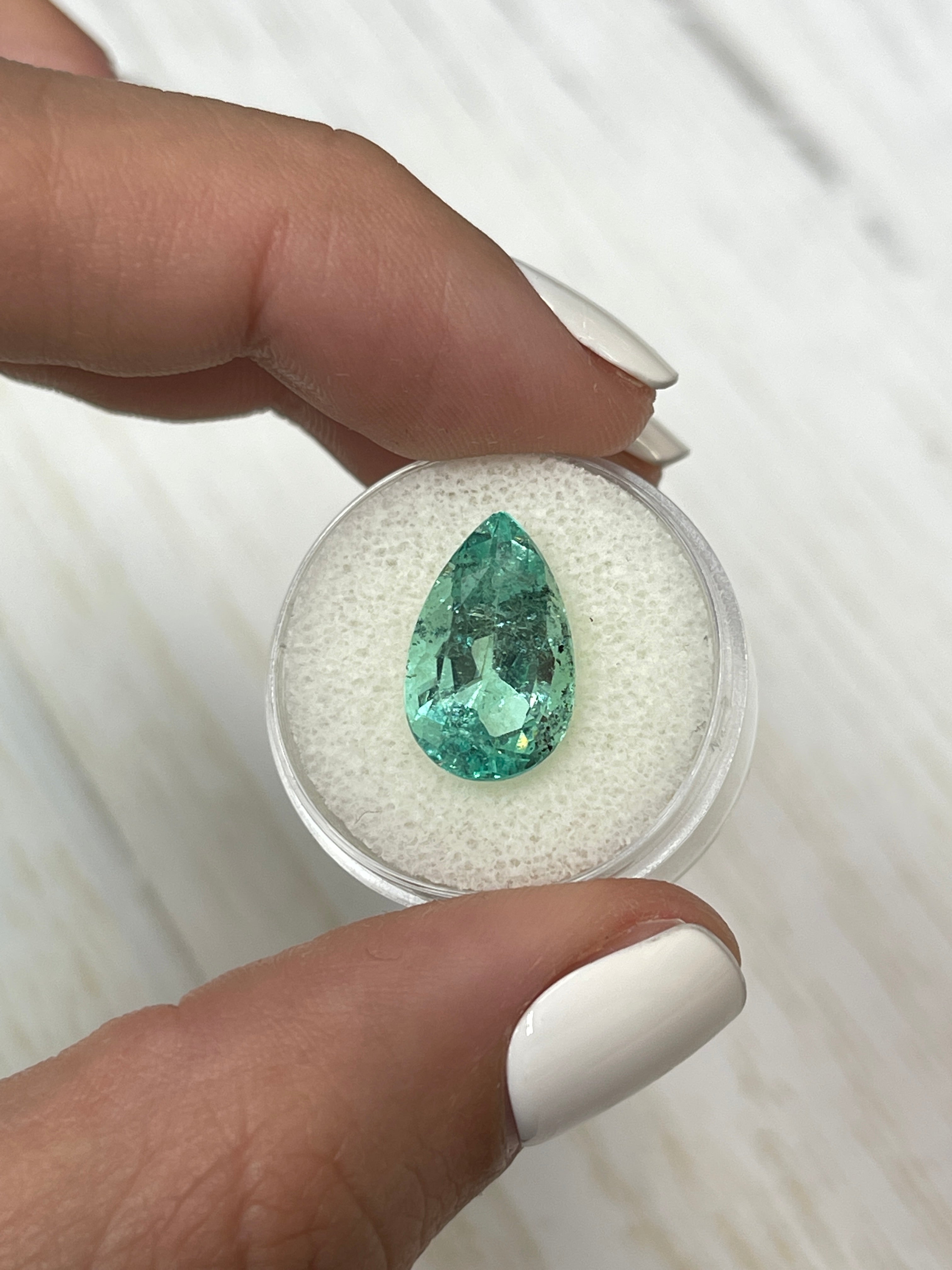 6.41 Carat 16x10 Light Green Freckled Natural Loose Colombian Emerald-Pear Cut - JR Colombian Emeralds