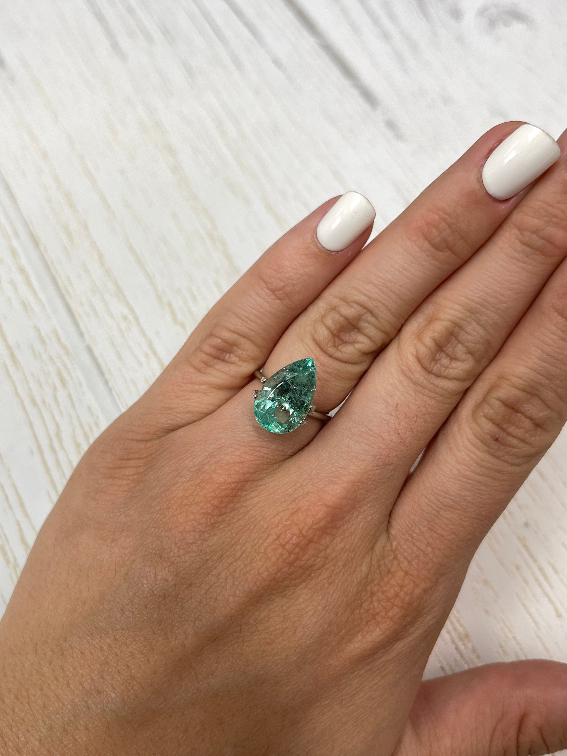 6.41 Carat 16x10 Light Green Freckled Natural Loose Colombian Emerald-Pear Cut - JR Colombian Emeralds