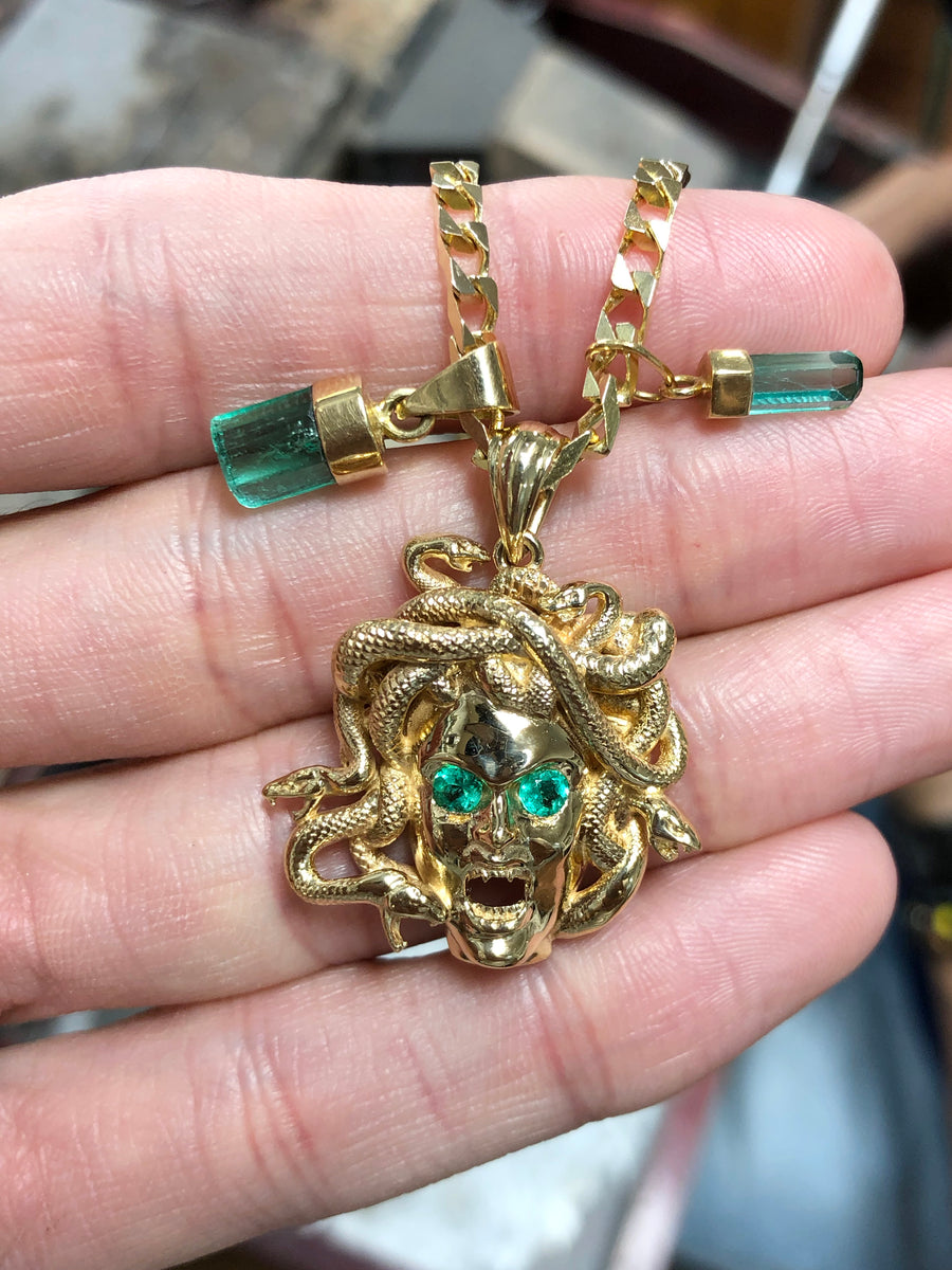 Solid Gold Emerald Medusa Sneak Head Pendant 14K 