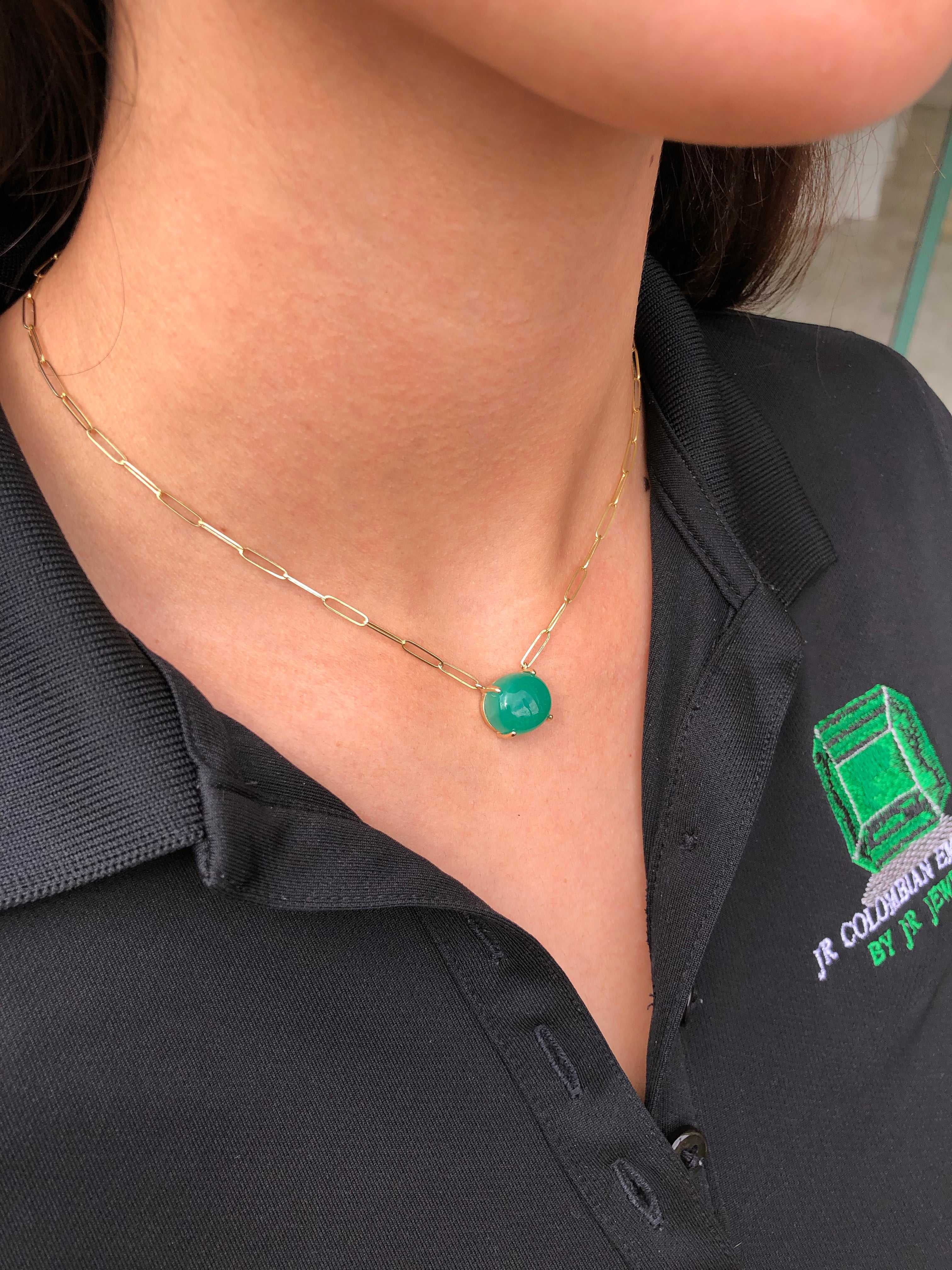 9.50 Carat Large Emerald Cabochon Stationary Paper Clip Necklace 14K