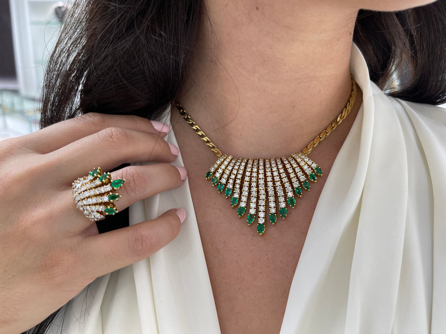 18.30tcw 18K AAA+ Colombian Emerald & Diamond Accent Bib Necklace