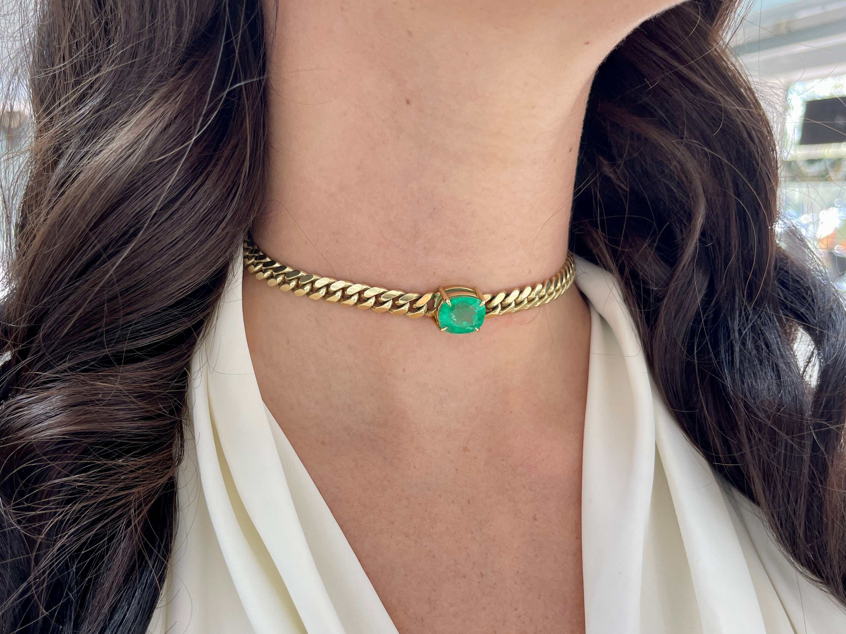 AAA+ Emerald Cushion Cut Cuban Choker Necklace 18K Gold