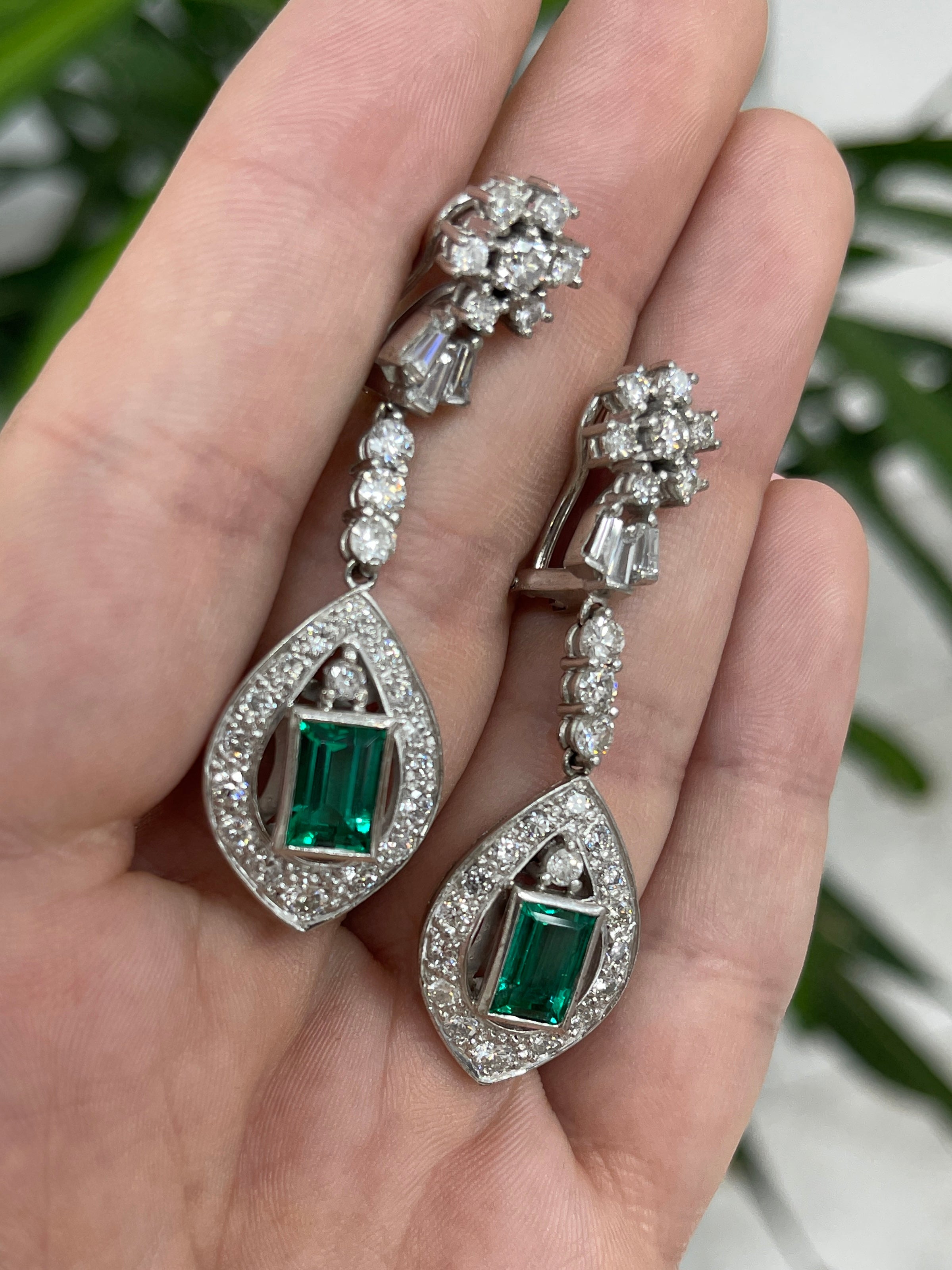 6.20tcw Art Deco Colombian Emerald & Diamond Dangle Earrings 18K - JR Colombian Emeralds