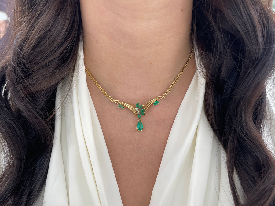 5.61tcw 14K Colombian Emerald-Pear Cut & Diamond Accent Vintage Necklace