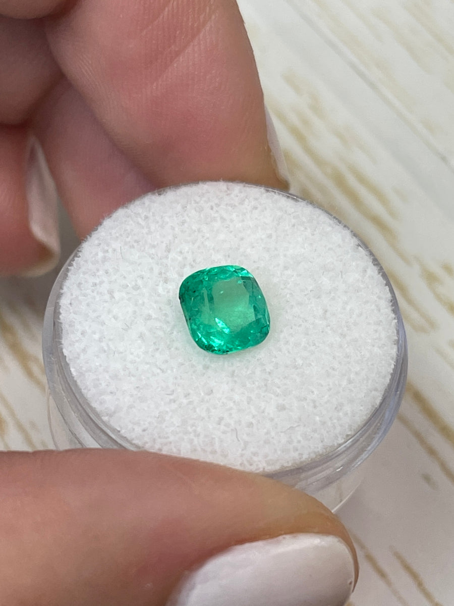 Genuine Loose Colombian Emerald - 1.56 Carat, 7x7 Cushion Shape, Freckled Green