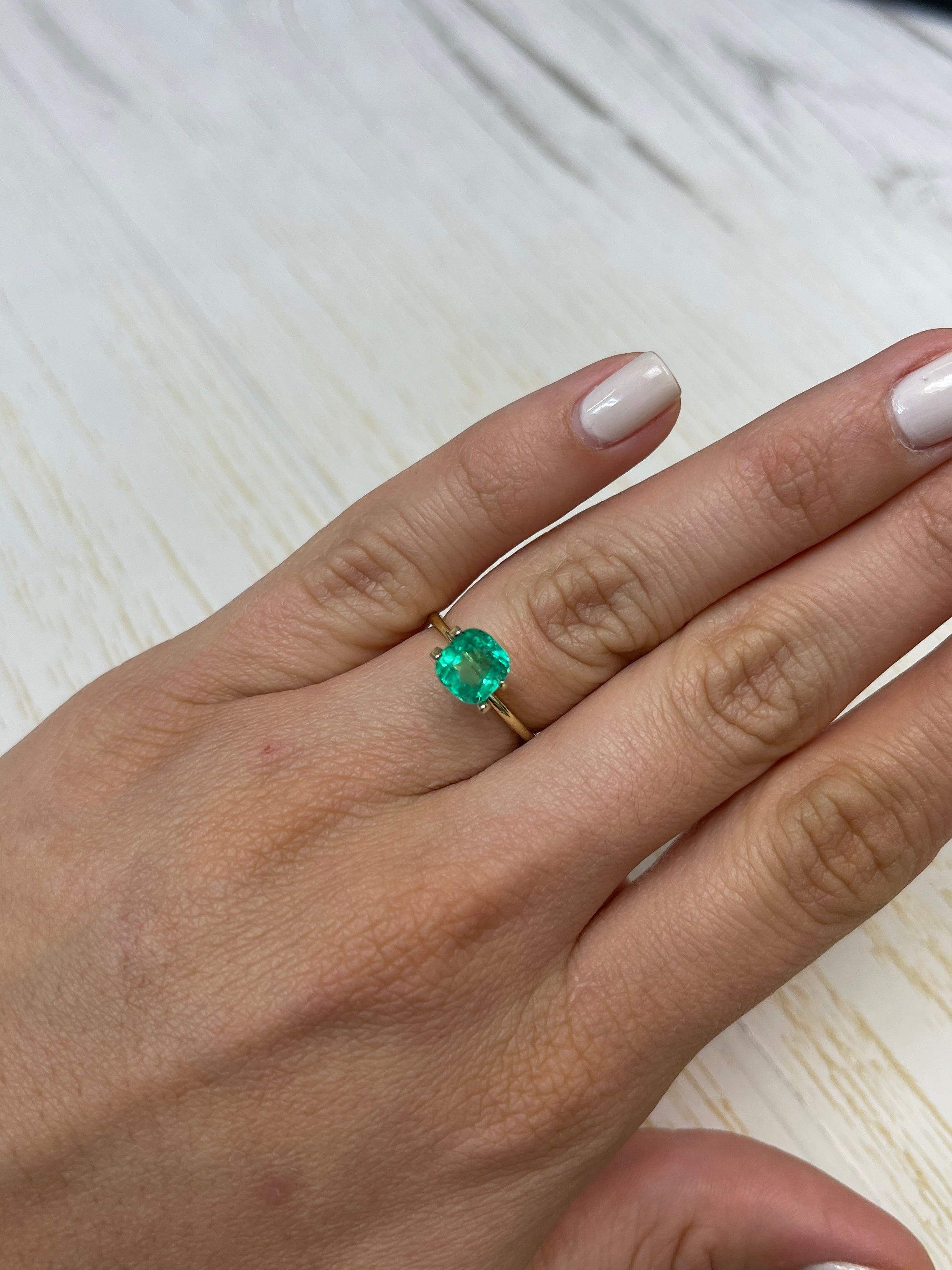 1.56 Carat 7x7 Freckled Medium Green Natural Loose Colombian Emerald-Cushion Cut - JR Colombian Emeralds