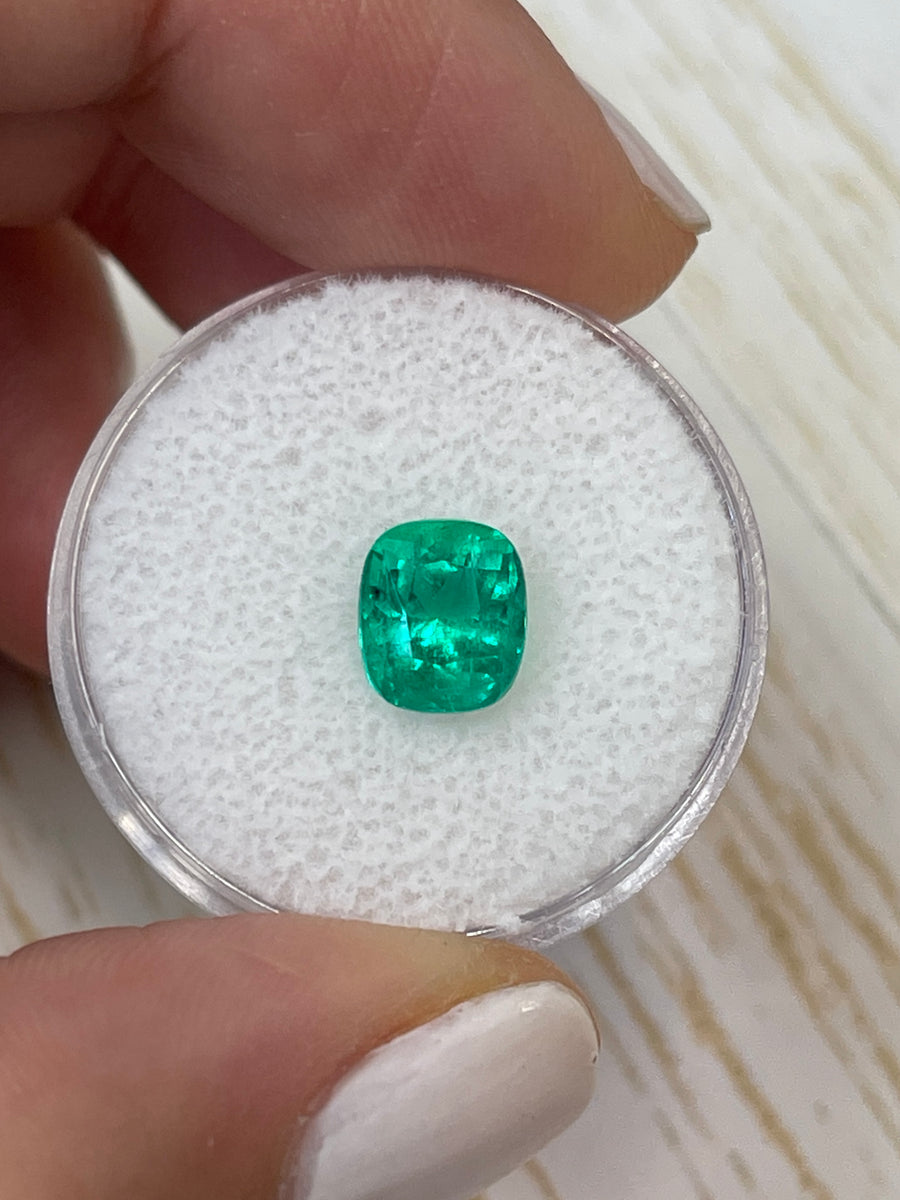 Vibrant Bluish Green Colombian Emerald - Cushion Cut - 2.10 Carats