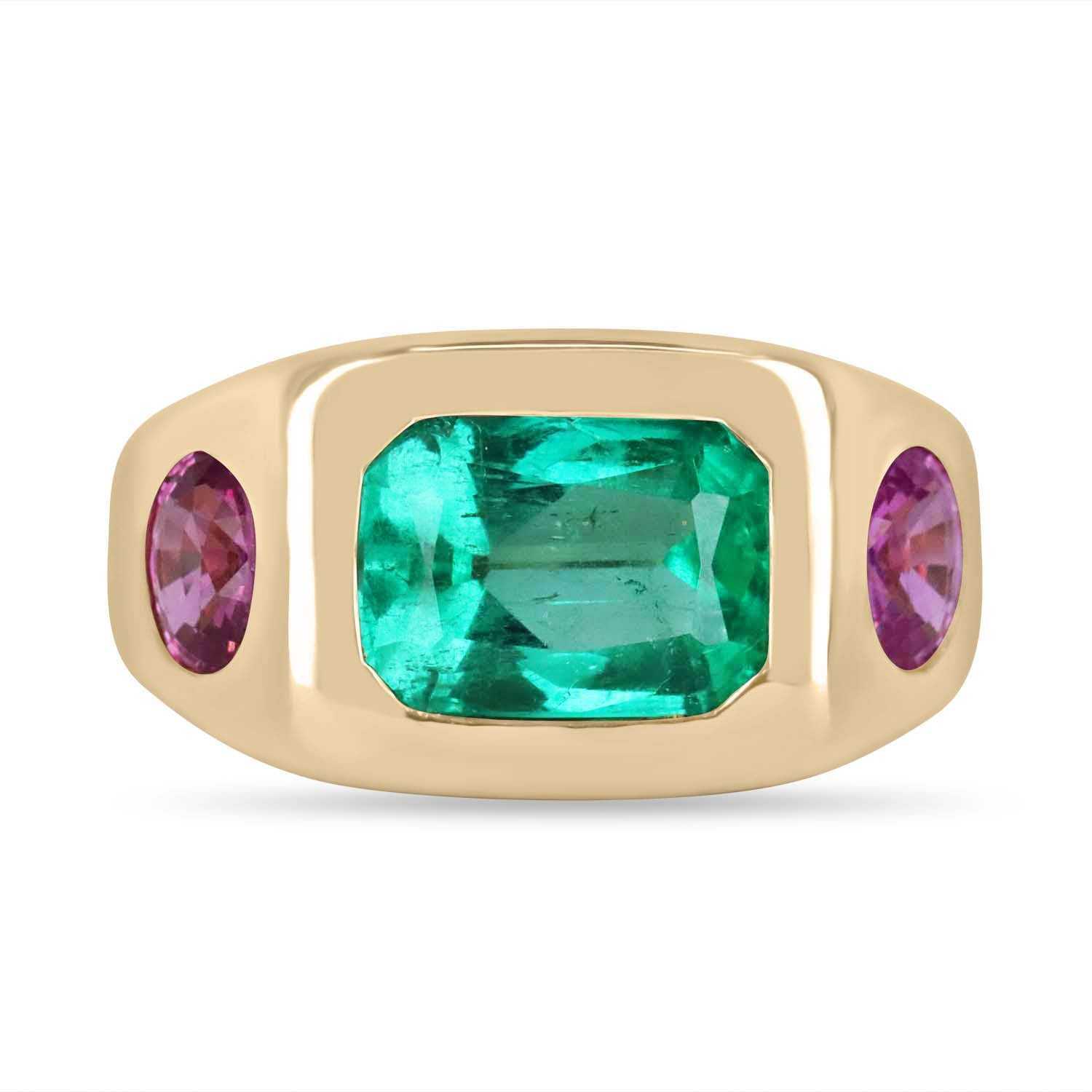 5.52tcw 18K Three Stone Emerald & Oval Pink Sapphire Gypsy Ring - JR Colombian Emeralds