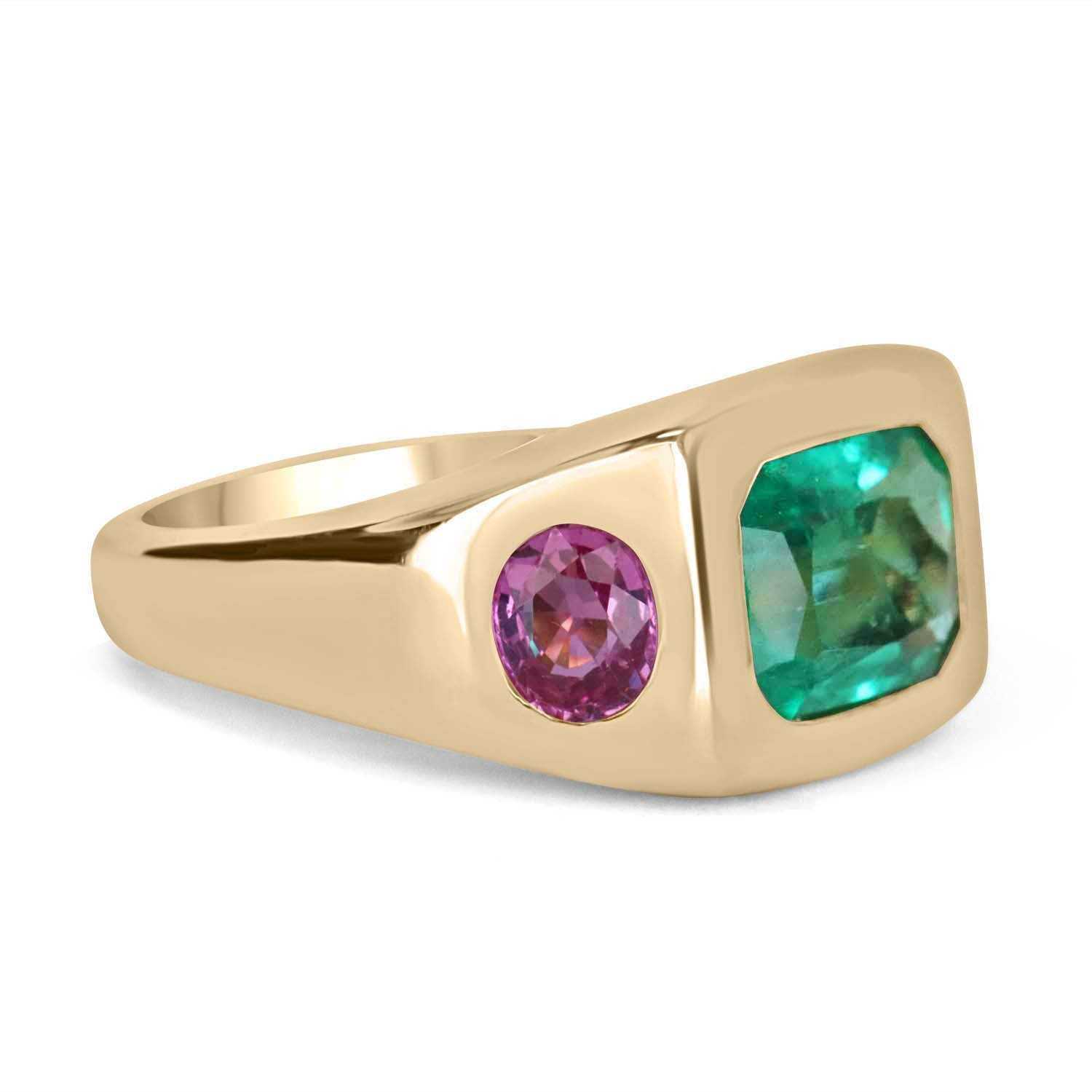 5.52tcw 18K Three Stone Emerald & Oval Pink Sapphire Gypsy Ring - JR Colombian Emeralds