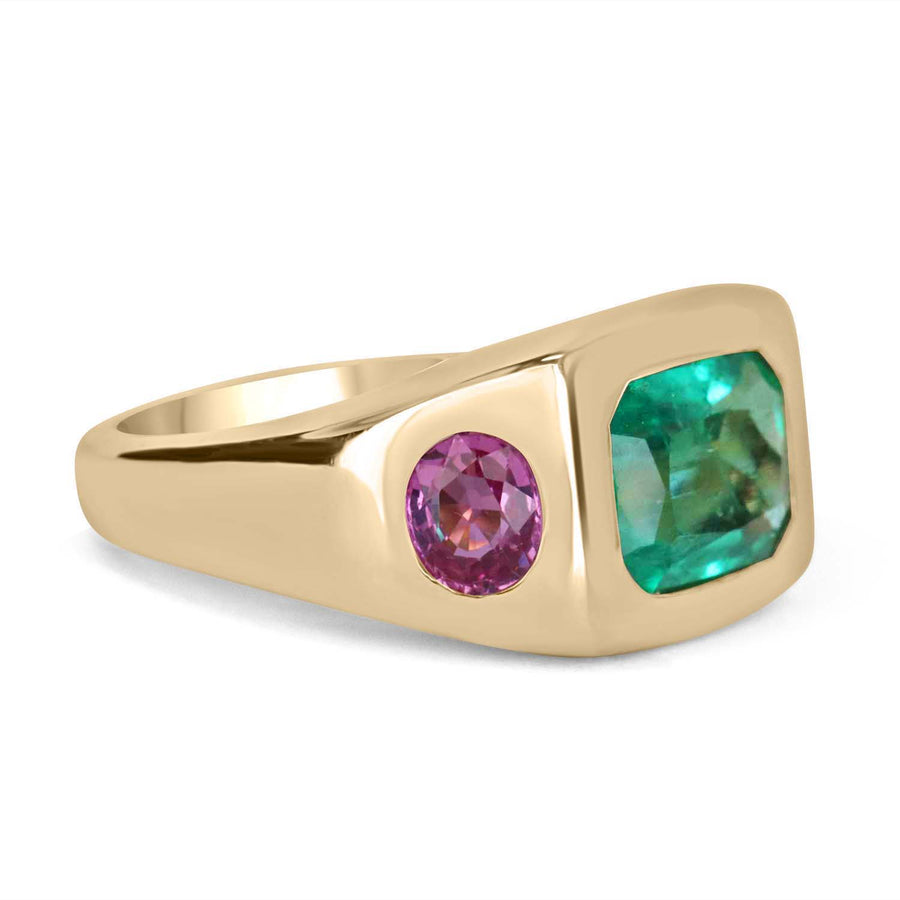 5.52tcw 18K Three Stone Emerald & Oval Pink Sapphire Gypsy Ring