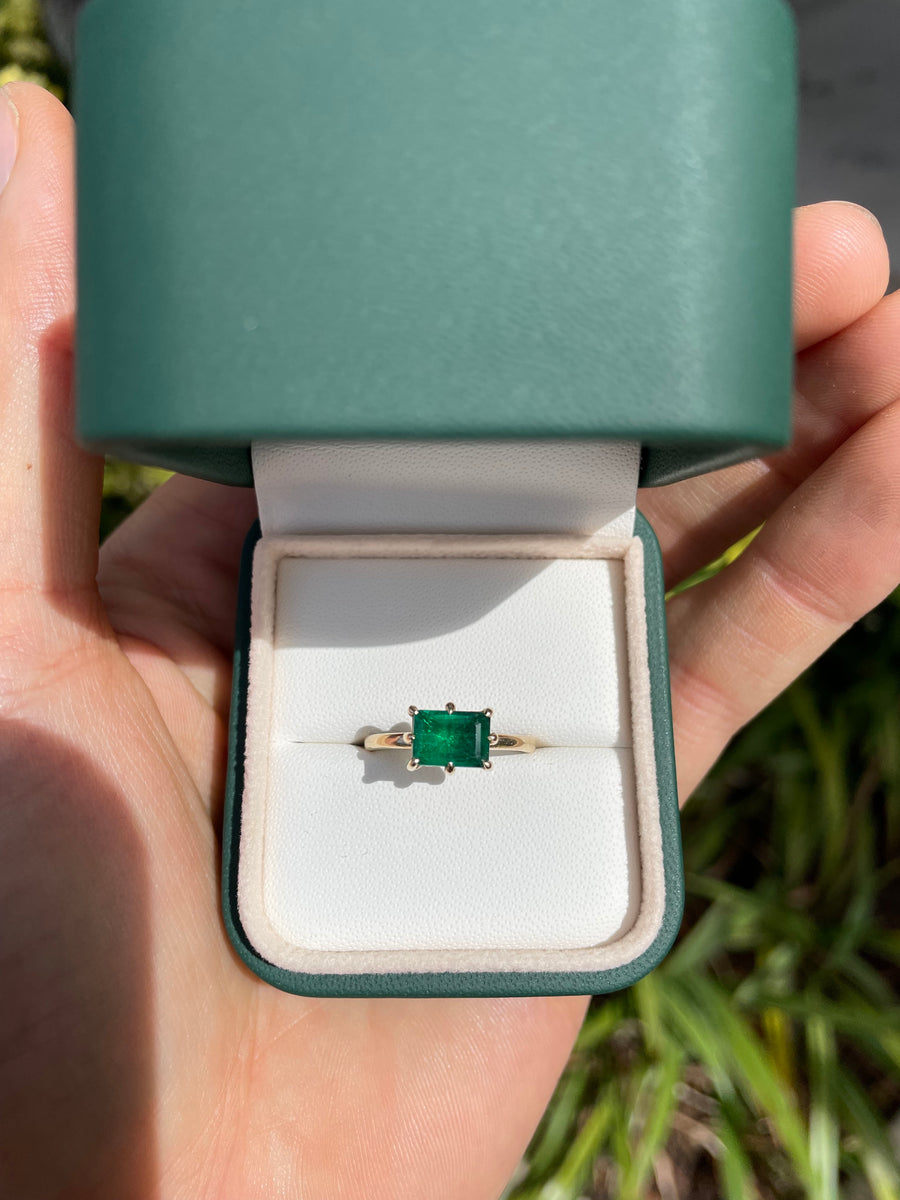 1.50 Carat East to West Dark Emerald 8 Claw Prong Solitaire Engagement Ring 14K