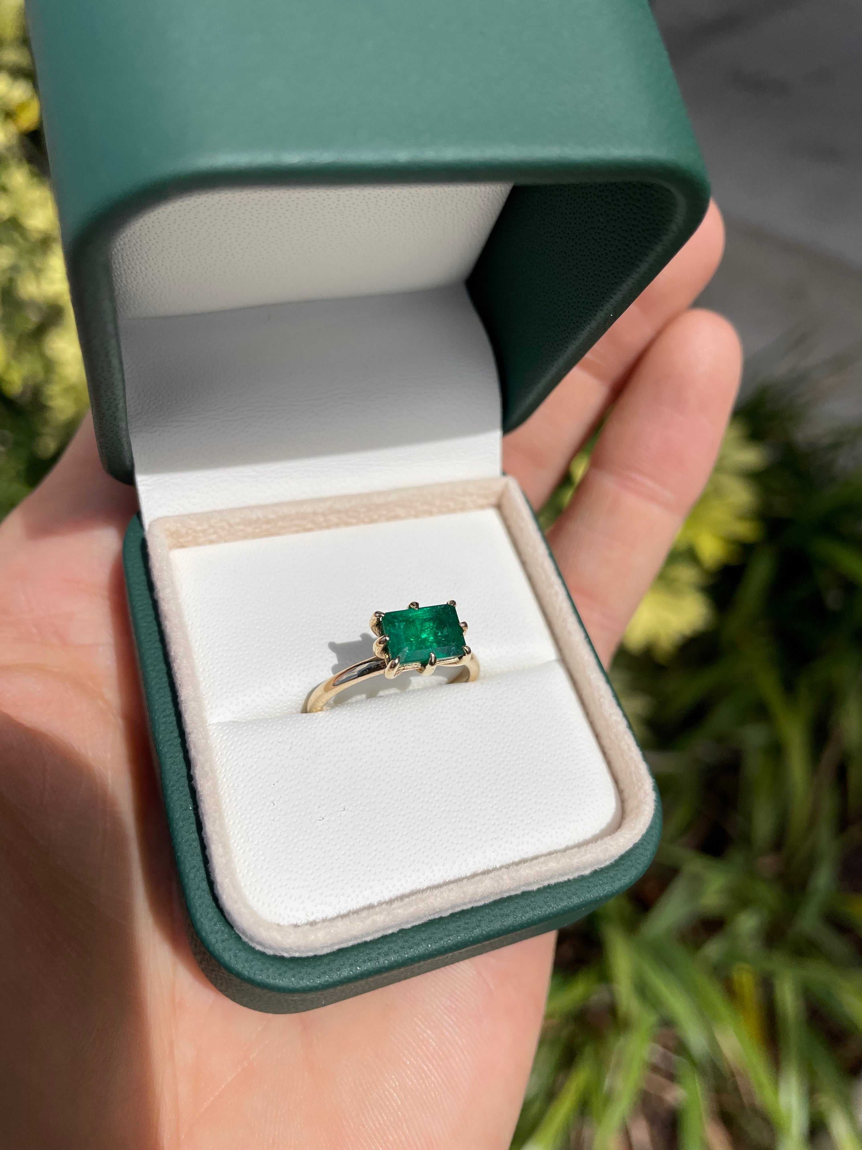 1.50 Carat East to West Dark Emerald 8 Claw Prong Solitaire Engagement Ring 14K - JR Colombian Emeralds