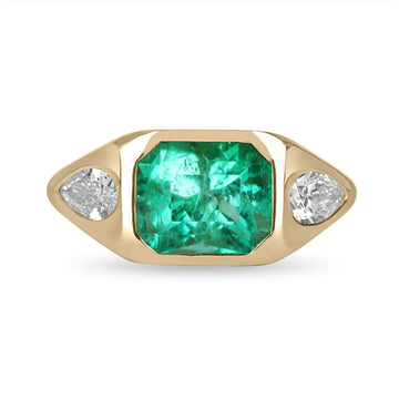 AAA 4.62tcw 18K Three Stone Emerald Cut Emerald & VVS Pear Cut Diamond Gypsy Ring