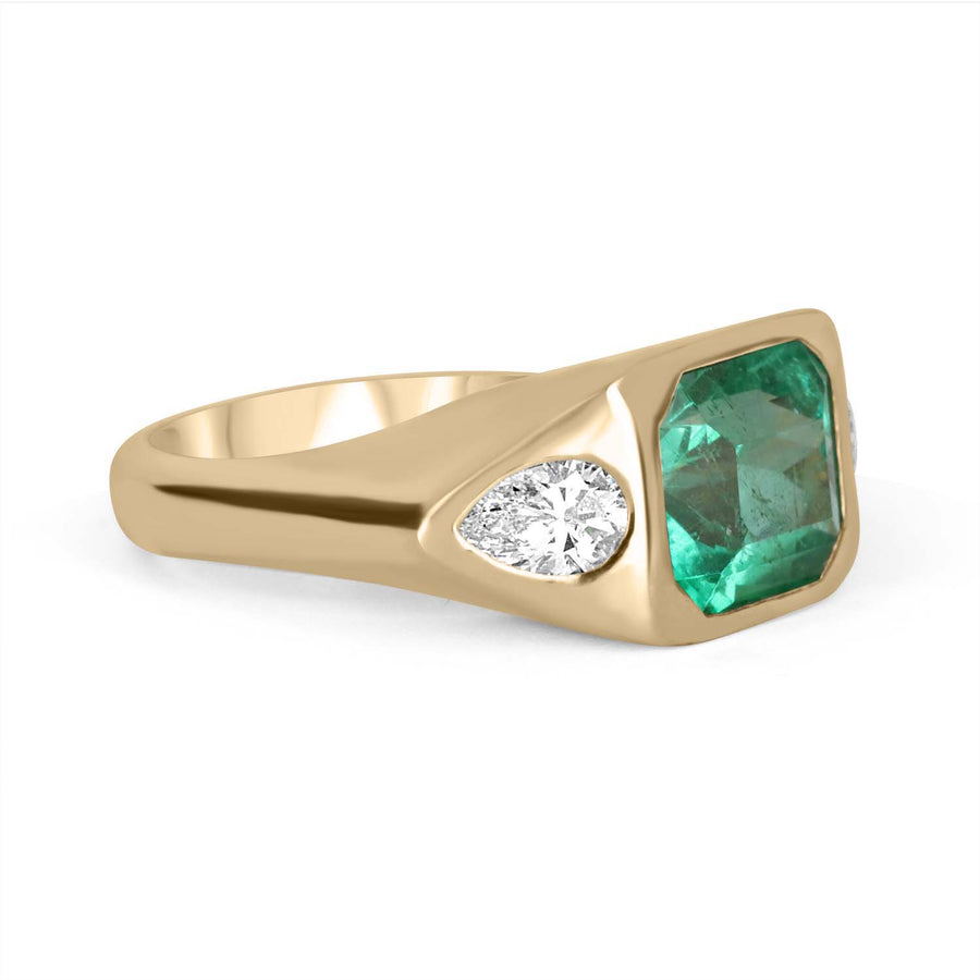 AAA 4.62tcw 18K Three Stone Emerald Cut Emerald & VVS Pear Cut Diamond Gypsy Ring gift