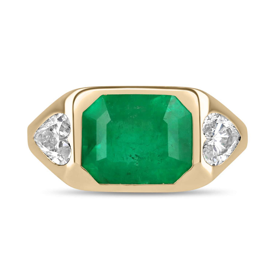 4.29tcw 18K Three Stone Emerald & Heart Cut Diamond Gypsy Ring
