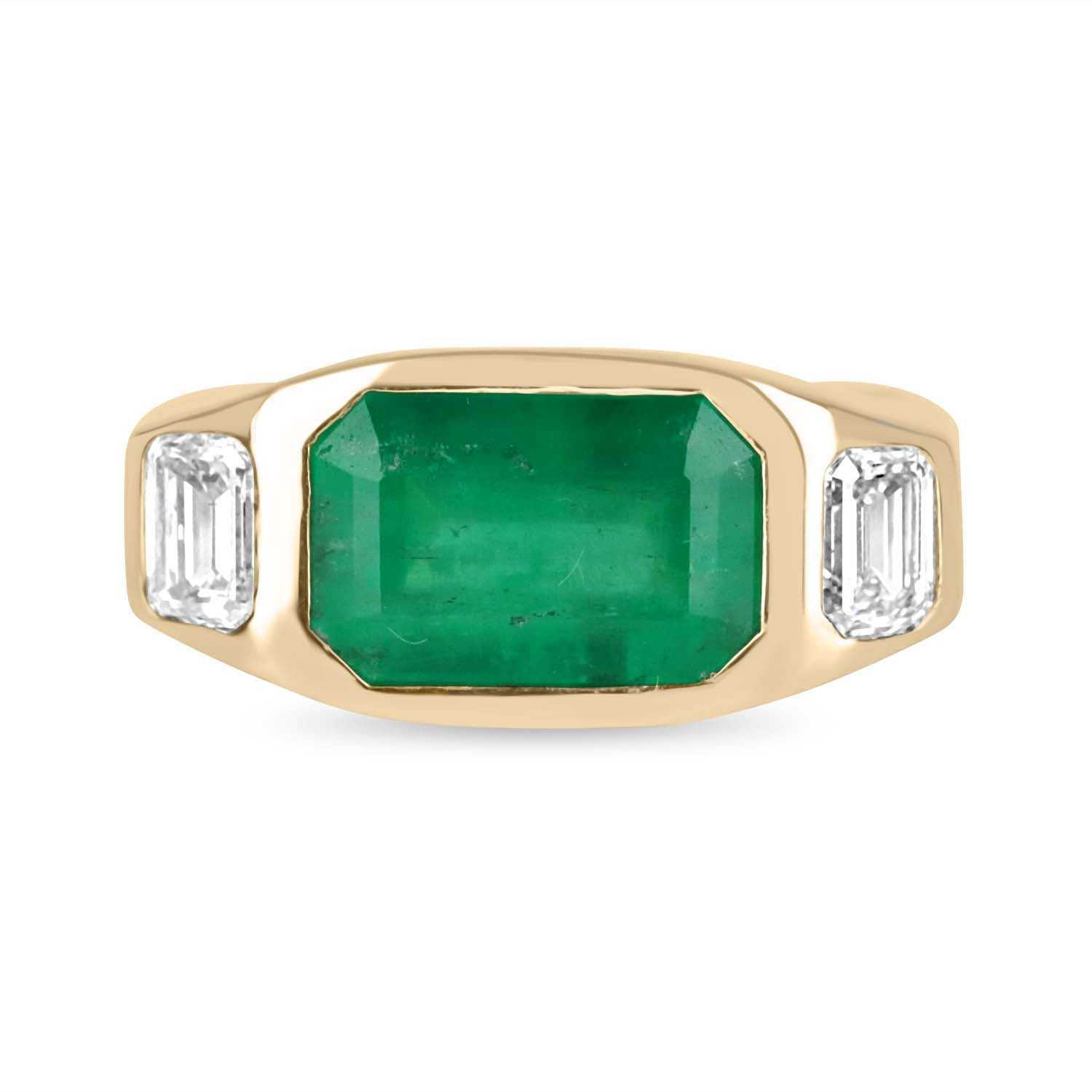 4.50tcw 18K E-W Three Stone Emerald & Emerald Cut Diamond Gypsy Ring - JR Colombian Emeralds