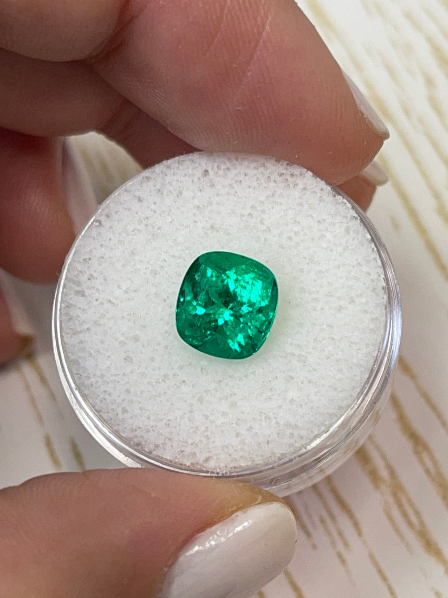 Brilliant 2.60 Carat AAA+ Vivid Green Emerald - Loose Cushion Cut Gem - 9x8mm