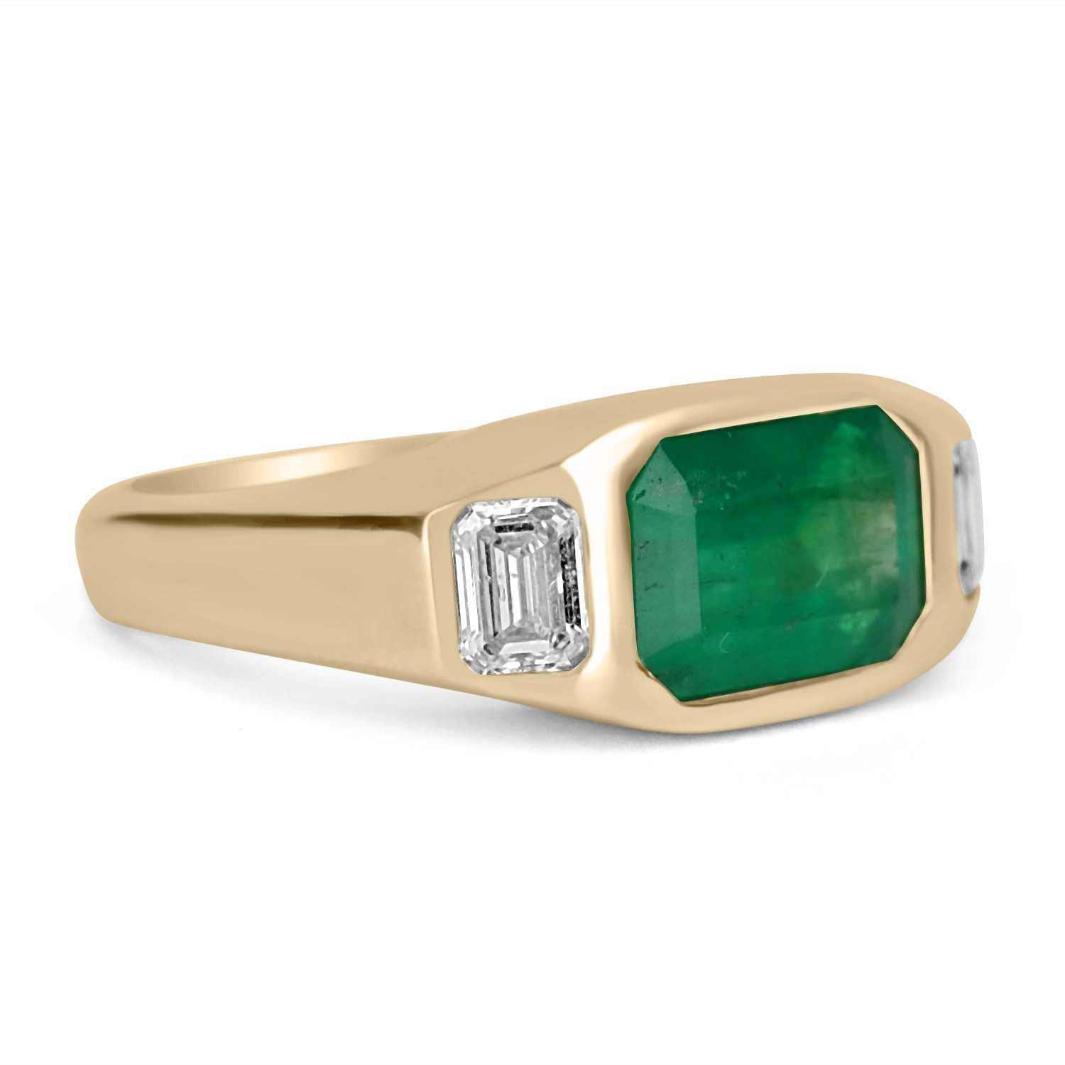 4.50tcw 18K E-W Three Stone Emerald & Emerald Cut Diamond Gypsy Ring - JR Colombian Emeralds