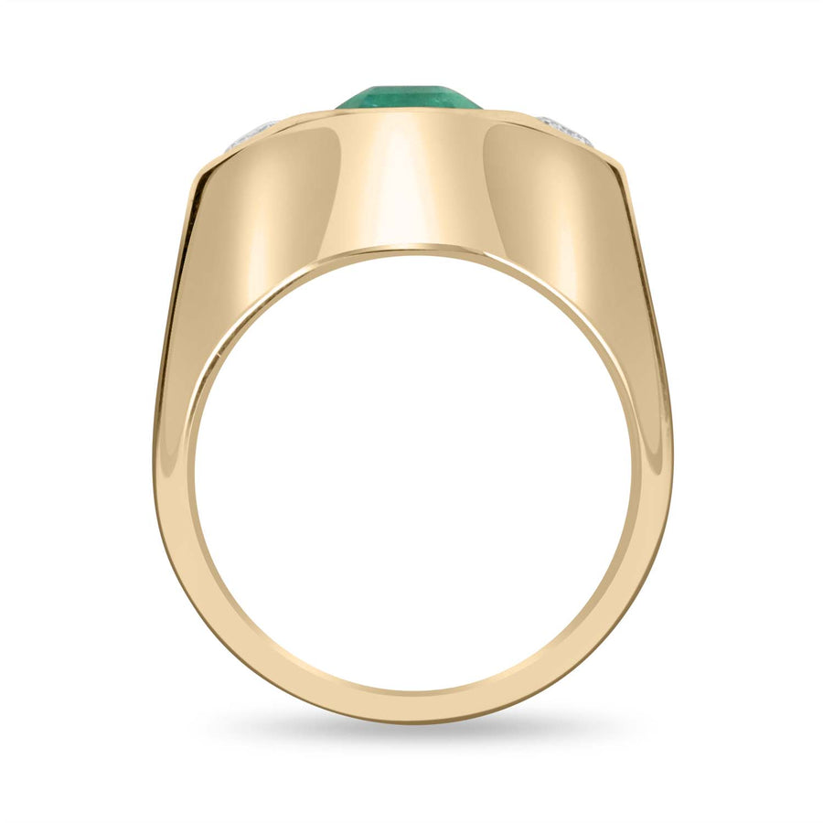 18K Three Stone 2.68tcw Dark Green Emerald & Emerald Cut Diamond Gypsy Bezel Ring