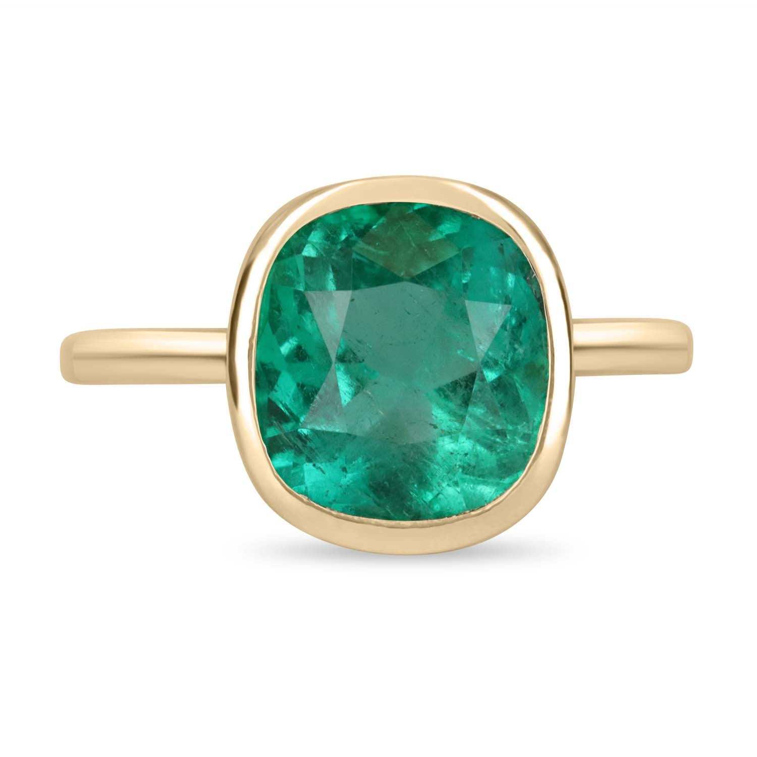 3.54ct Bezel Set Cushion Cut Emerald Solitaire Ring 18K - JR Colombian Emeralds