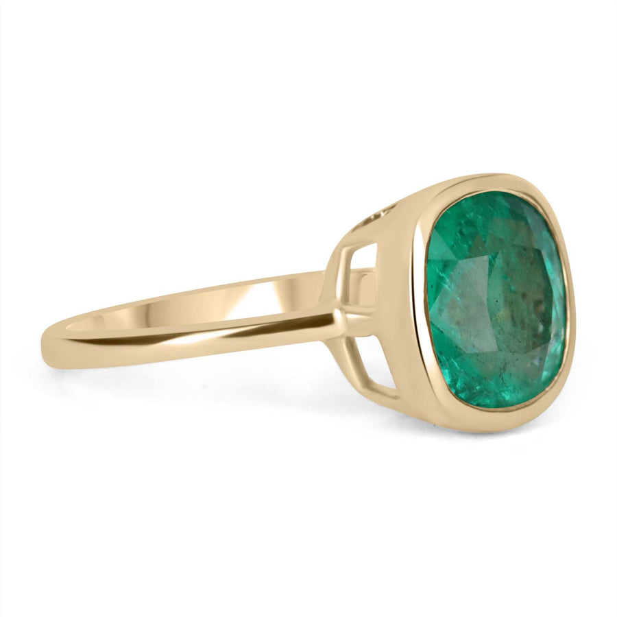 3.54ct Bezel Set Cushion Cut Emerald Solitaire Ring 18K