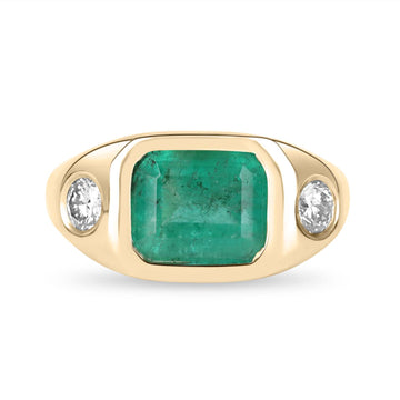 3.45tcw  Three Stone Round Colombian Emerald & Diamond 14K Gypsy Ring