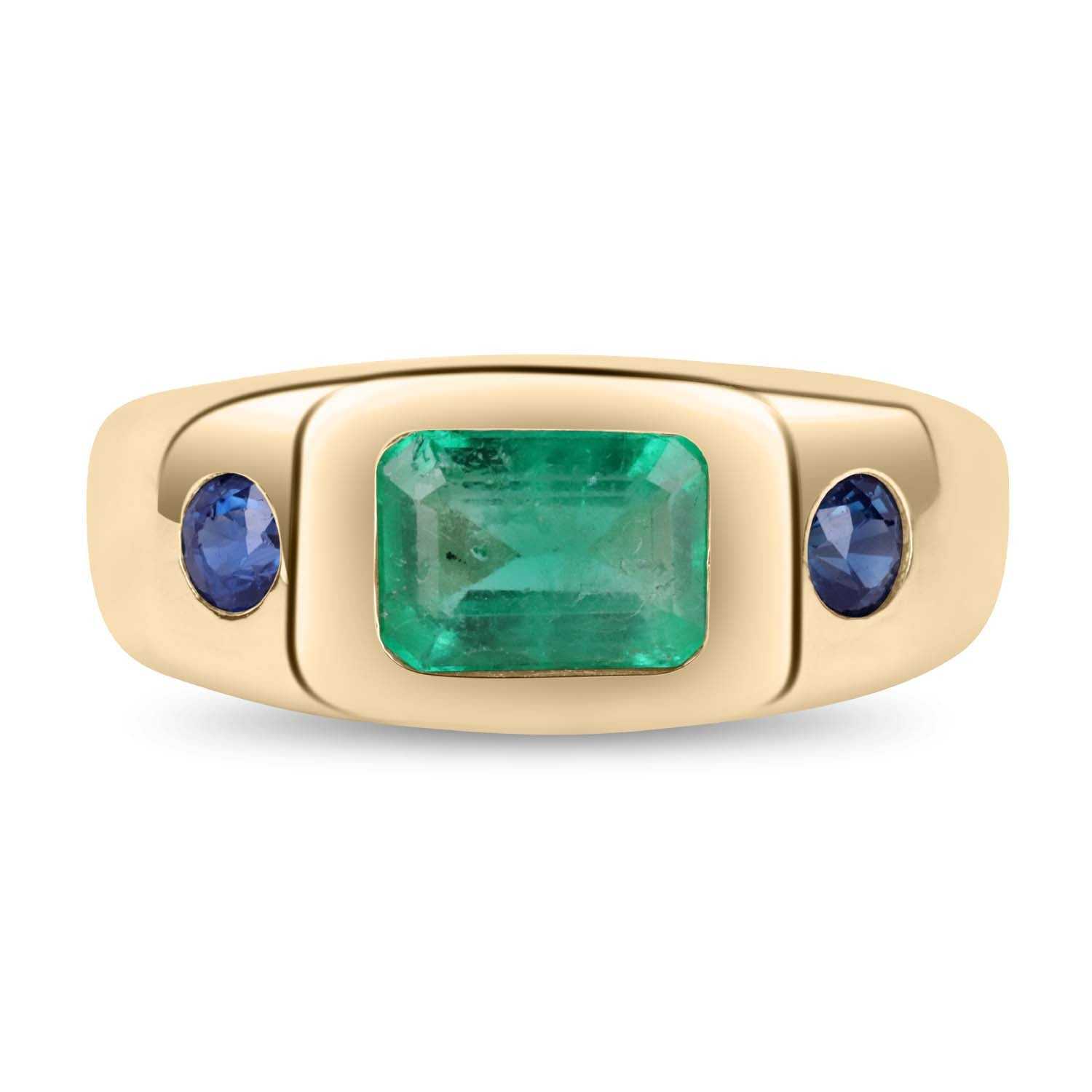 1.60tcw Gypsy Three Stone Emerald & Blue Sapphire Ring 14K