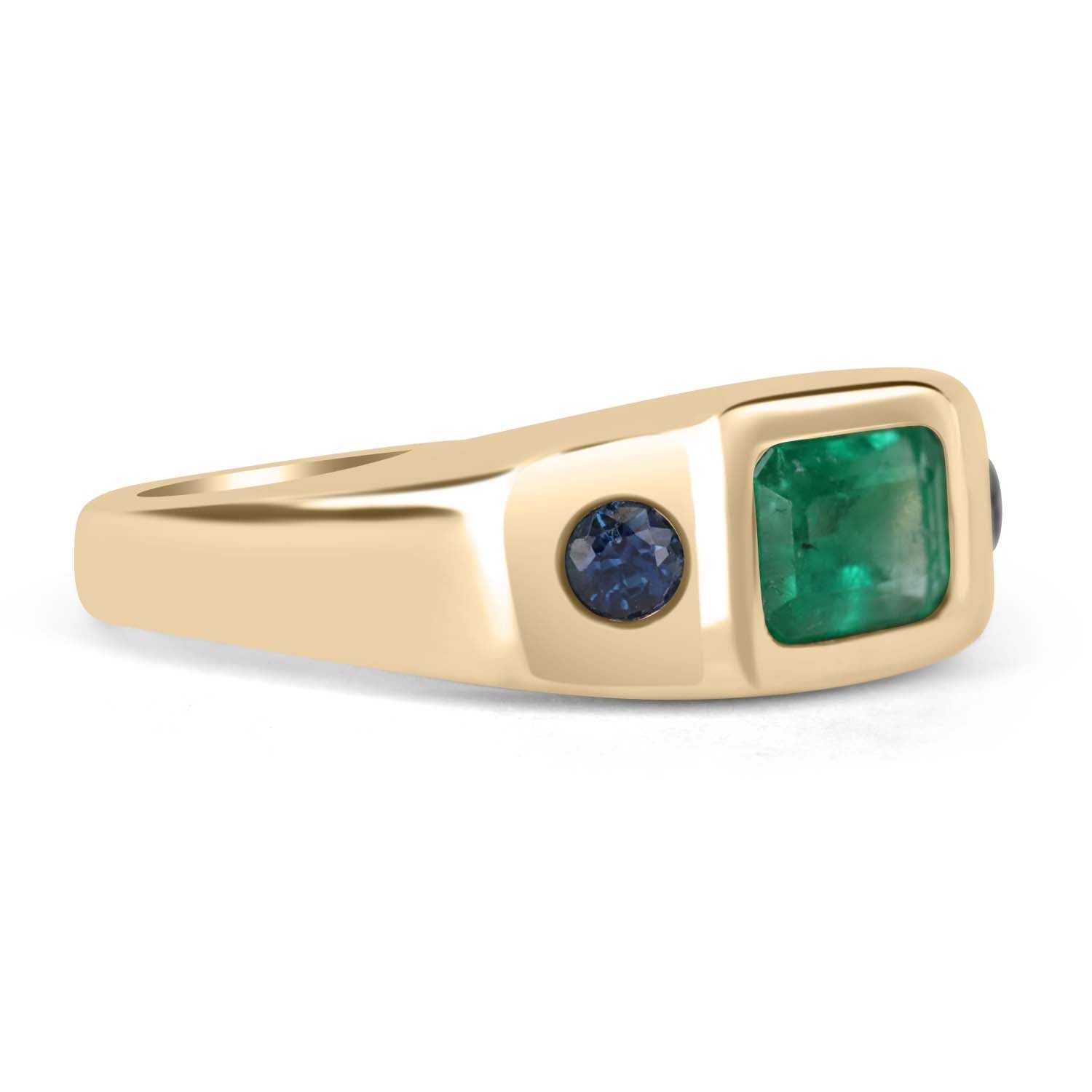 1.60tcw Gypsy 3 Stone Emerald Cut Emerald & Blue Sapphire Boho Ring 14K