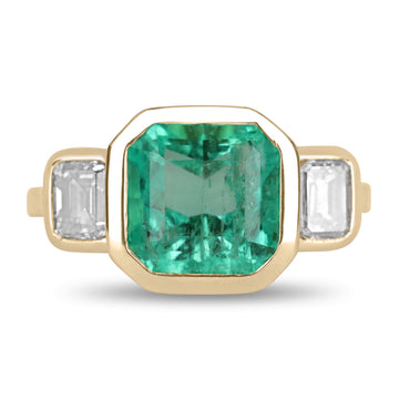 4.28tcw Bezel Set Three Stone Asscher Cut Emerald & Emerald Cut Diamond Ring 18K