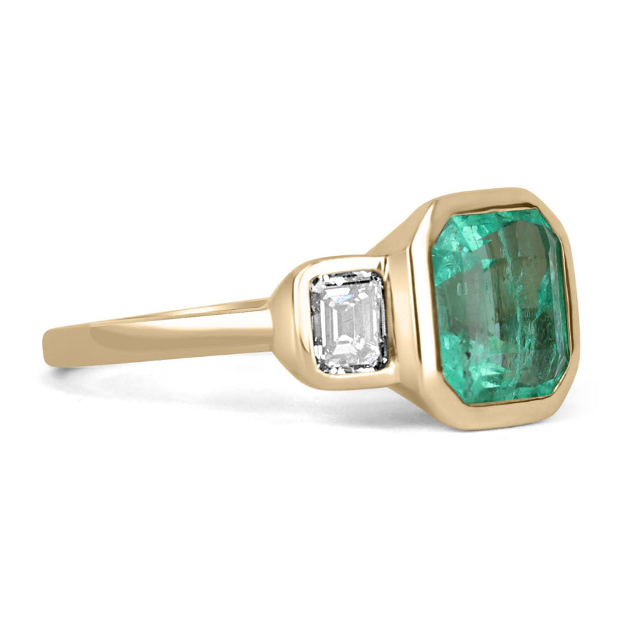 4.28tcw Bezel Set Three Stone Asscher Cut Emerald & Emerald Cut Diamond Ring 18K yellow gold gift