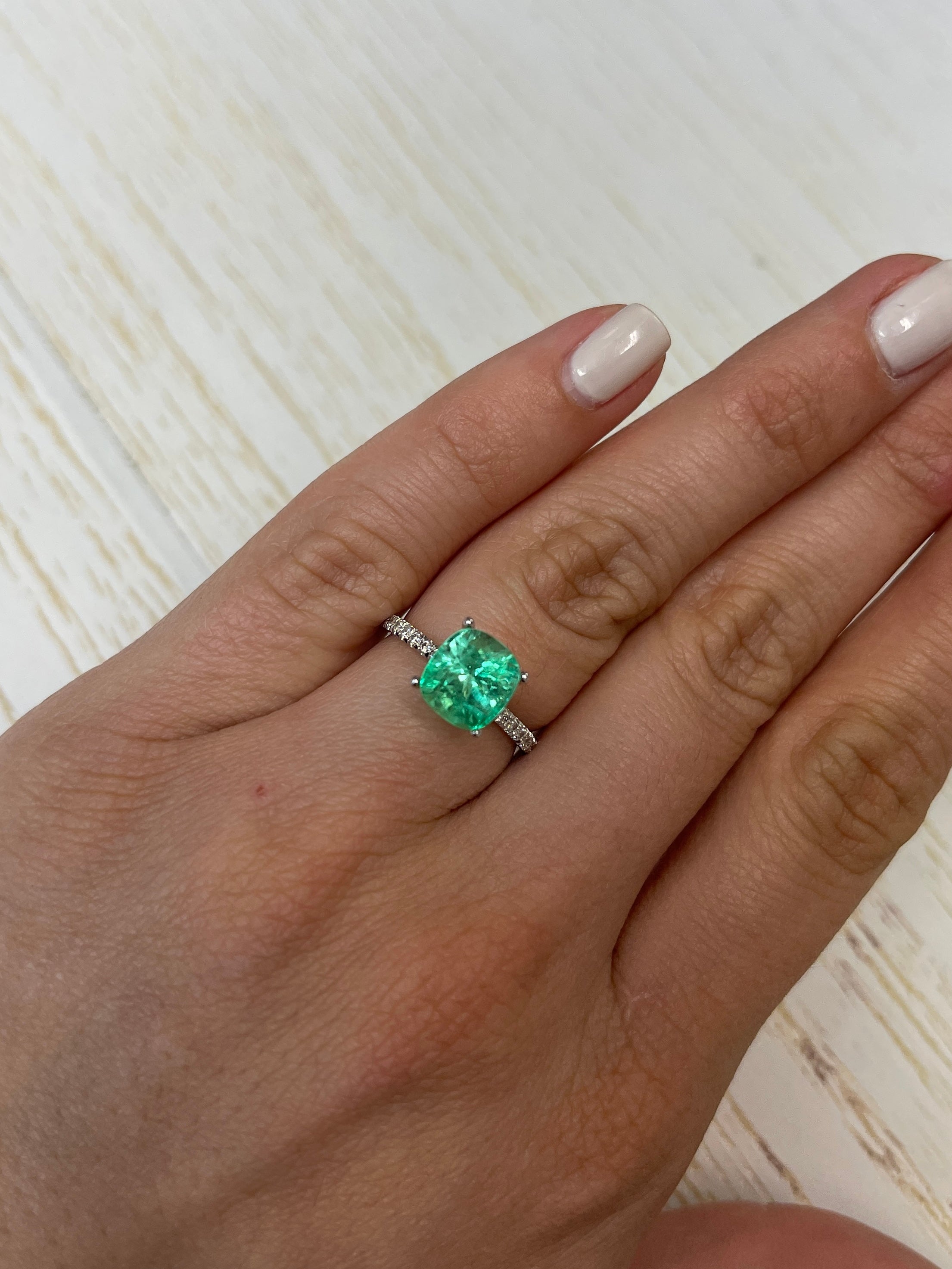 3.25 Carat Lustrous Yellowish Green Natural Loose Colombian Emerald-Cushion Cut - JR Colombian Emeralds