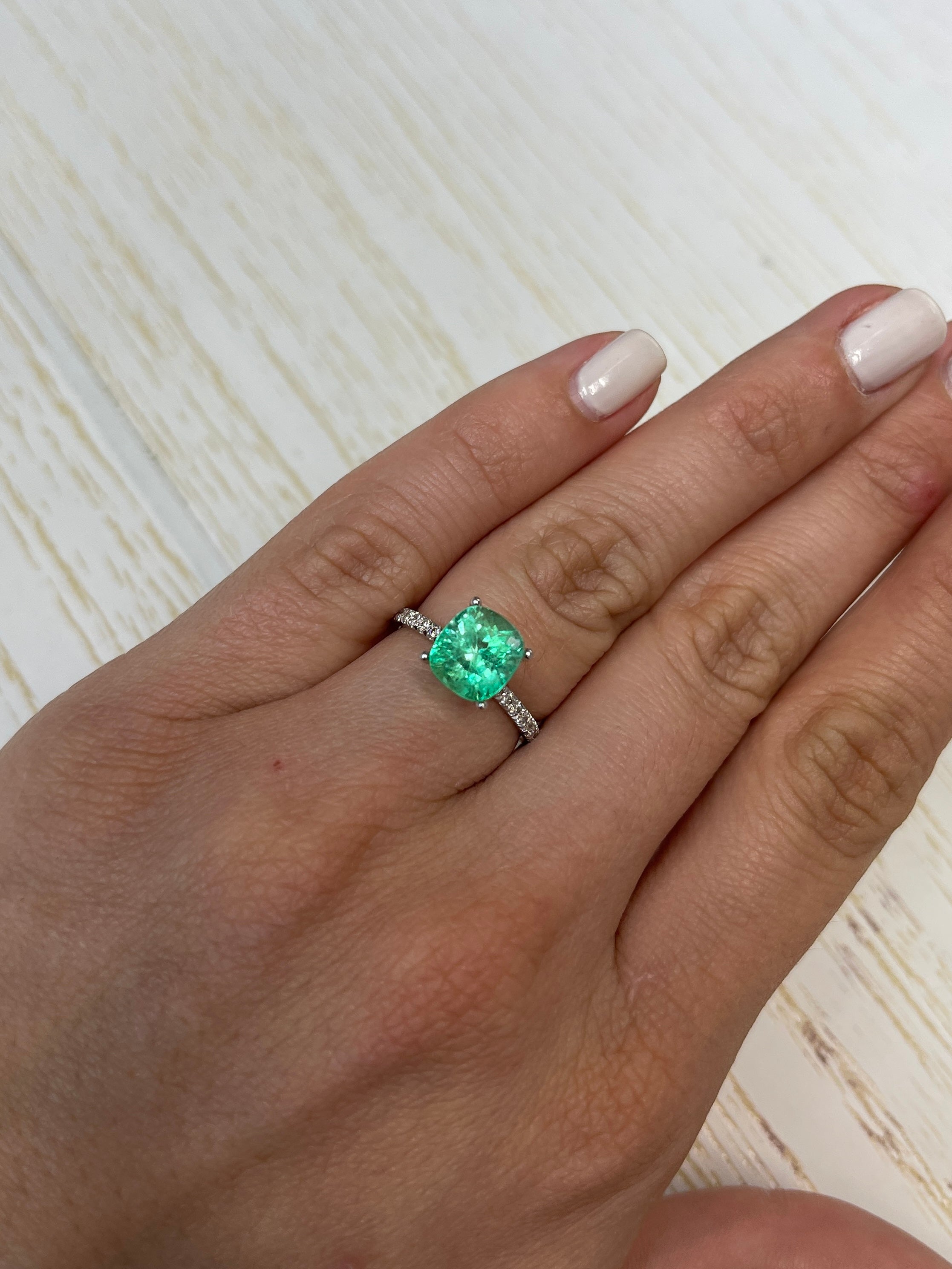 3.25 Carat Lustrous Yellowish Green Natural Loose Colombian Emerald-Cushion Cut - JR Colombian Emeralds