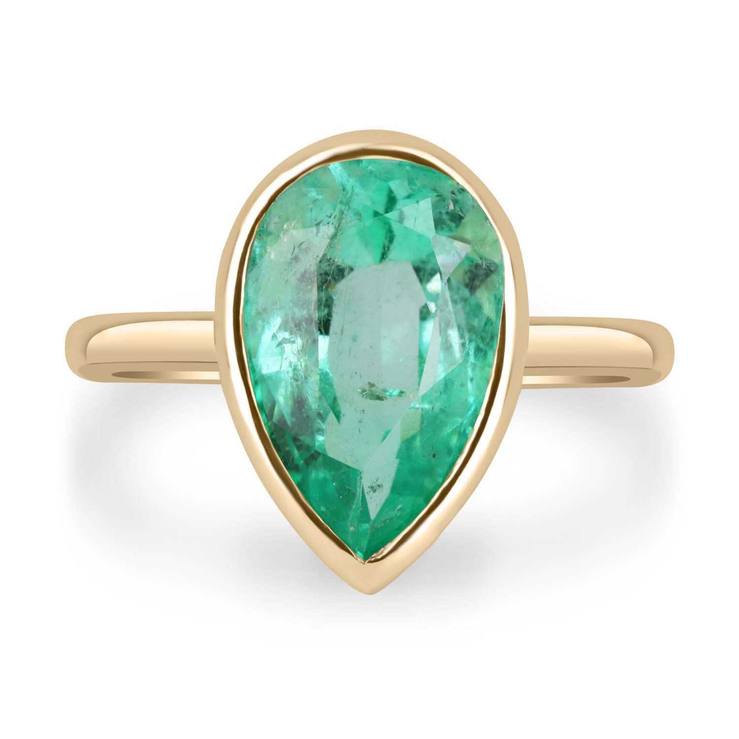 4.22ct Colombian Emerald Bezel Pear Shape Solitaire Ring 14k