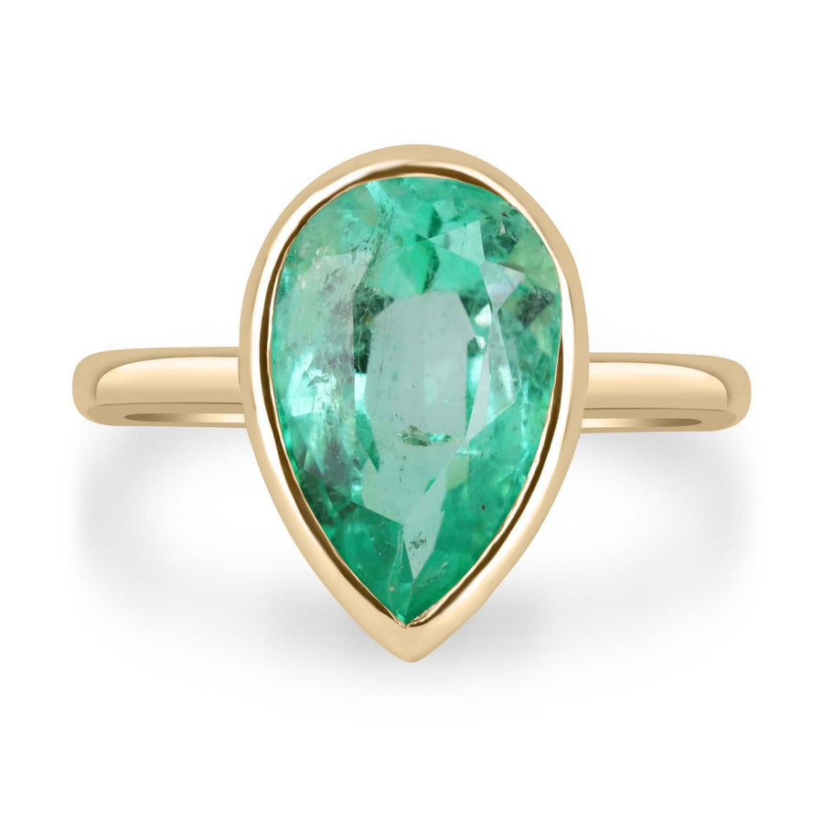4.22ct Colombian Emerald Bezel Pear Shape Solitaire Ring 14k
