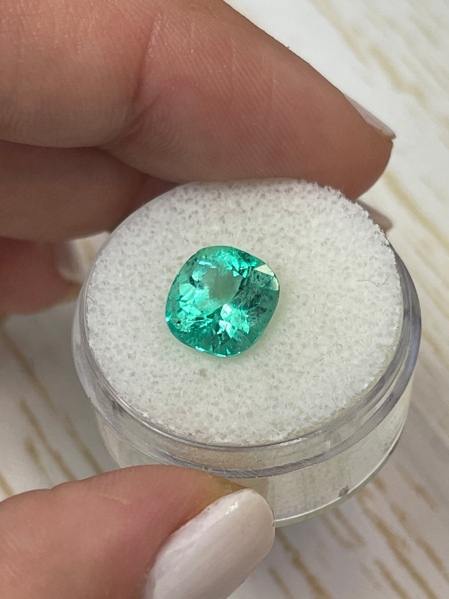Natural Bluish Green Emerald - 3.34 Carats - Loose Colombian Gemstone - Cushion Shape