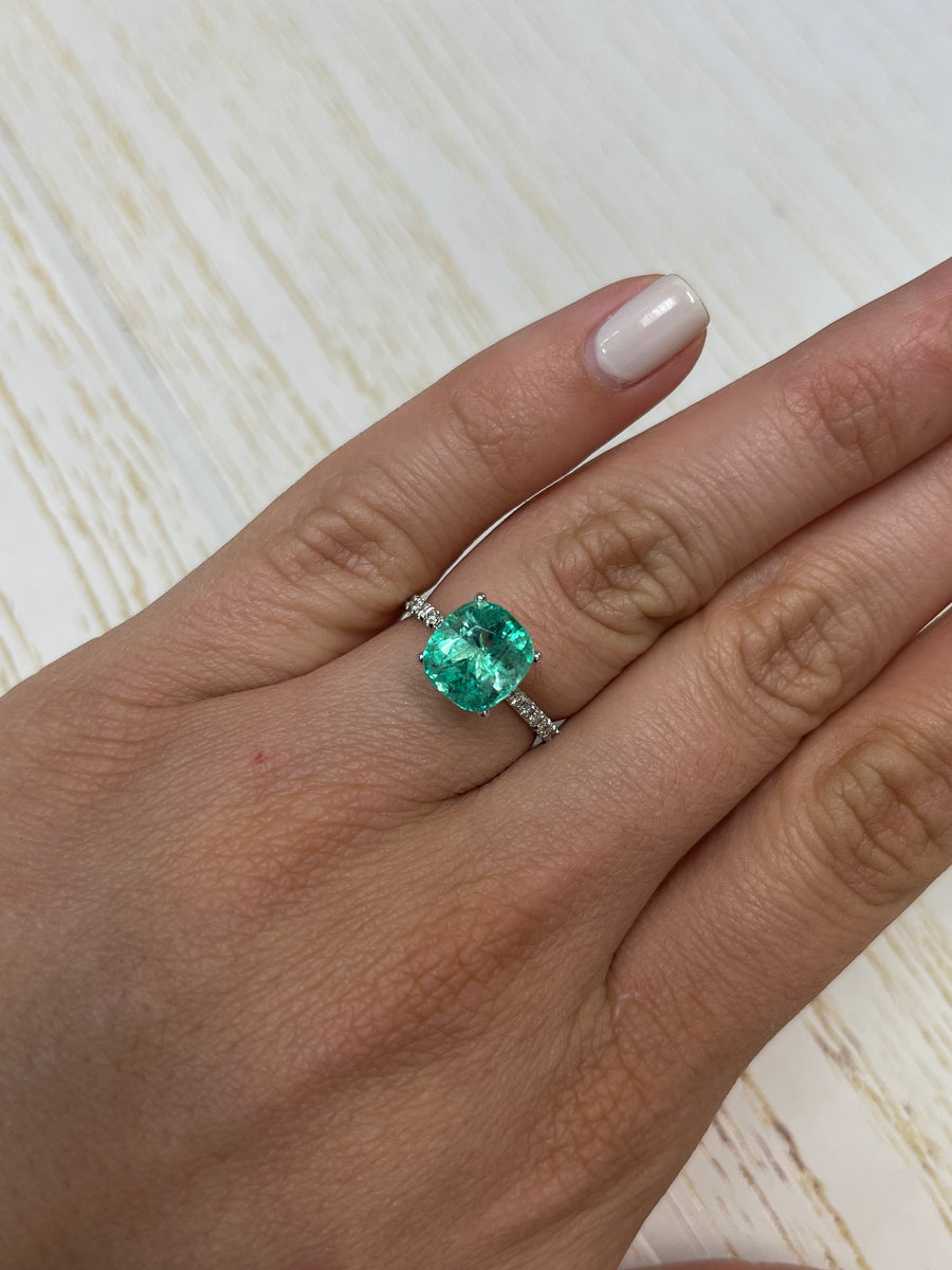 9.5x9 mm Bluish Green Colombian Emerald - 3.34 Carats - Loose Cushion Cut Stone