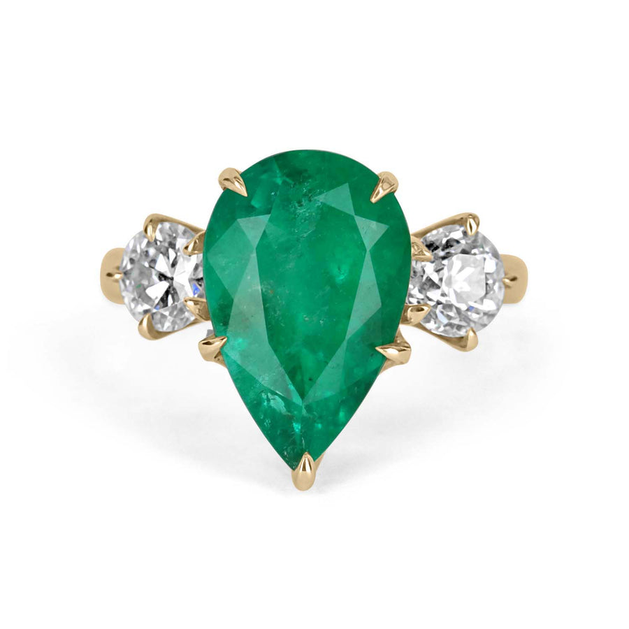 6.68tcw 18K Pear Emerald & Diamond Three Stone Ring
