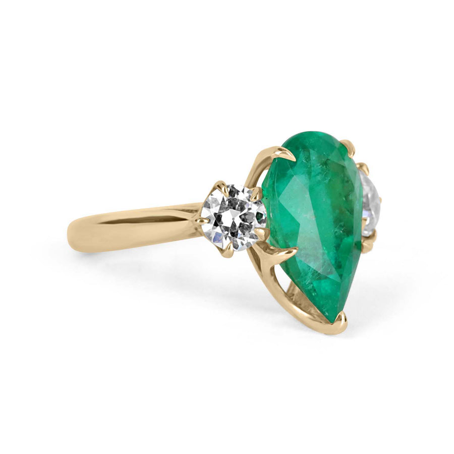 18K Pear Emerald & Diamond Three Stone Ring