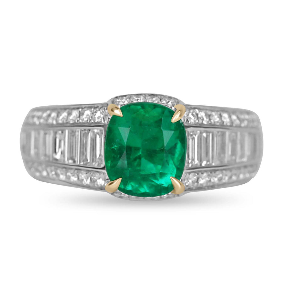 3.35tcw AAA+ Cushion Cut Emerald & Diamond Shank Statement Ring 18K White Gold