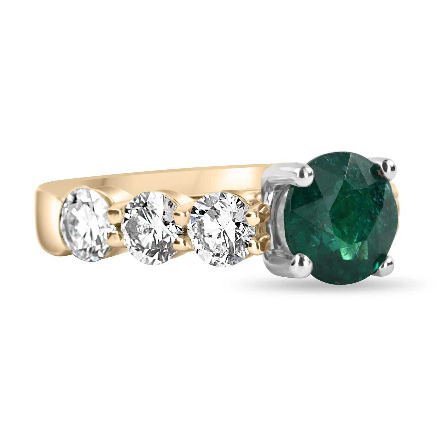 4.55tcw 18K Round Vivid Dark Green Emerald & Jumbo Diamond Accent Statement Ring